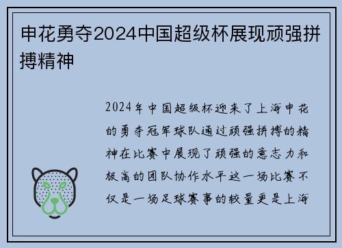 申花勇夺2024中国超级杯展现顽强拼搏精神